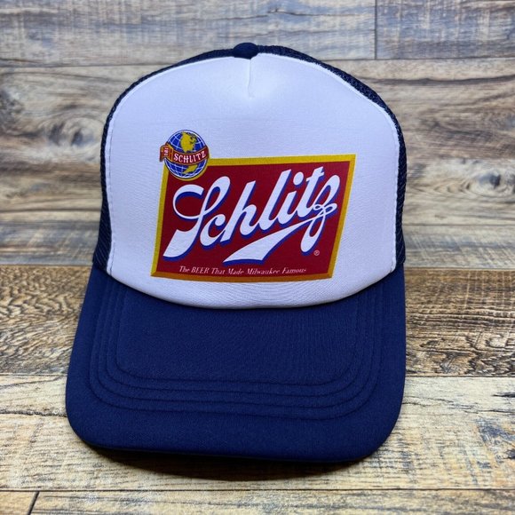 Schlitz Mens Trucker Hat Navy Snapback Defunct Milwaukee Beer Pale Lager Cap - Picture 2 of 8